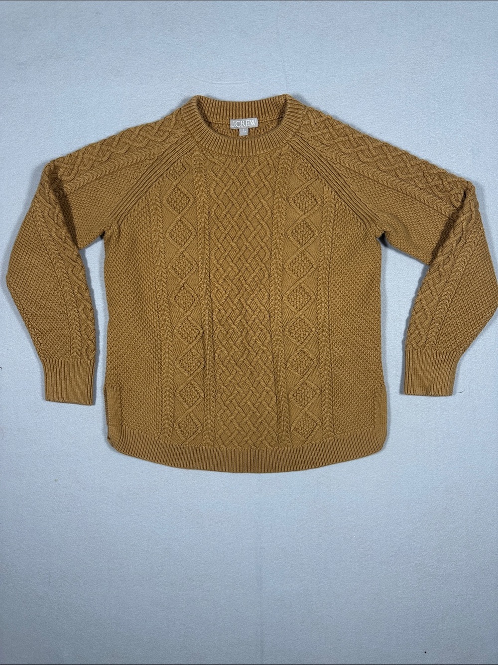 Crew Camel Brown Cotton Cable Knit Fisherman Crewneck Sweater Size Small